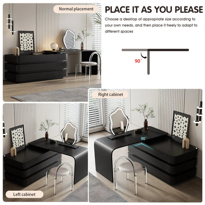 Modern Black Extendable Makeup Vanity with Curved Design & Artistic LED Mirror