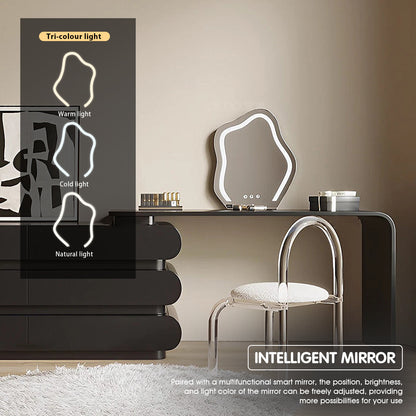 Modern Black Extendable Makeup Vanity with Curved Design & Artistic LED Mirror