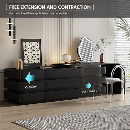 Modern Black Extendable Makeup Vanity with Curved Design & Artistic LED Mirror