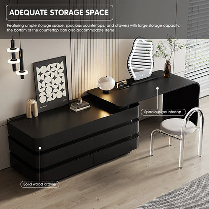 Modern Black Extendable Makeup Vanity with Curved Design & Artistic LED Mirror