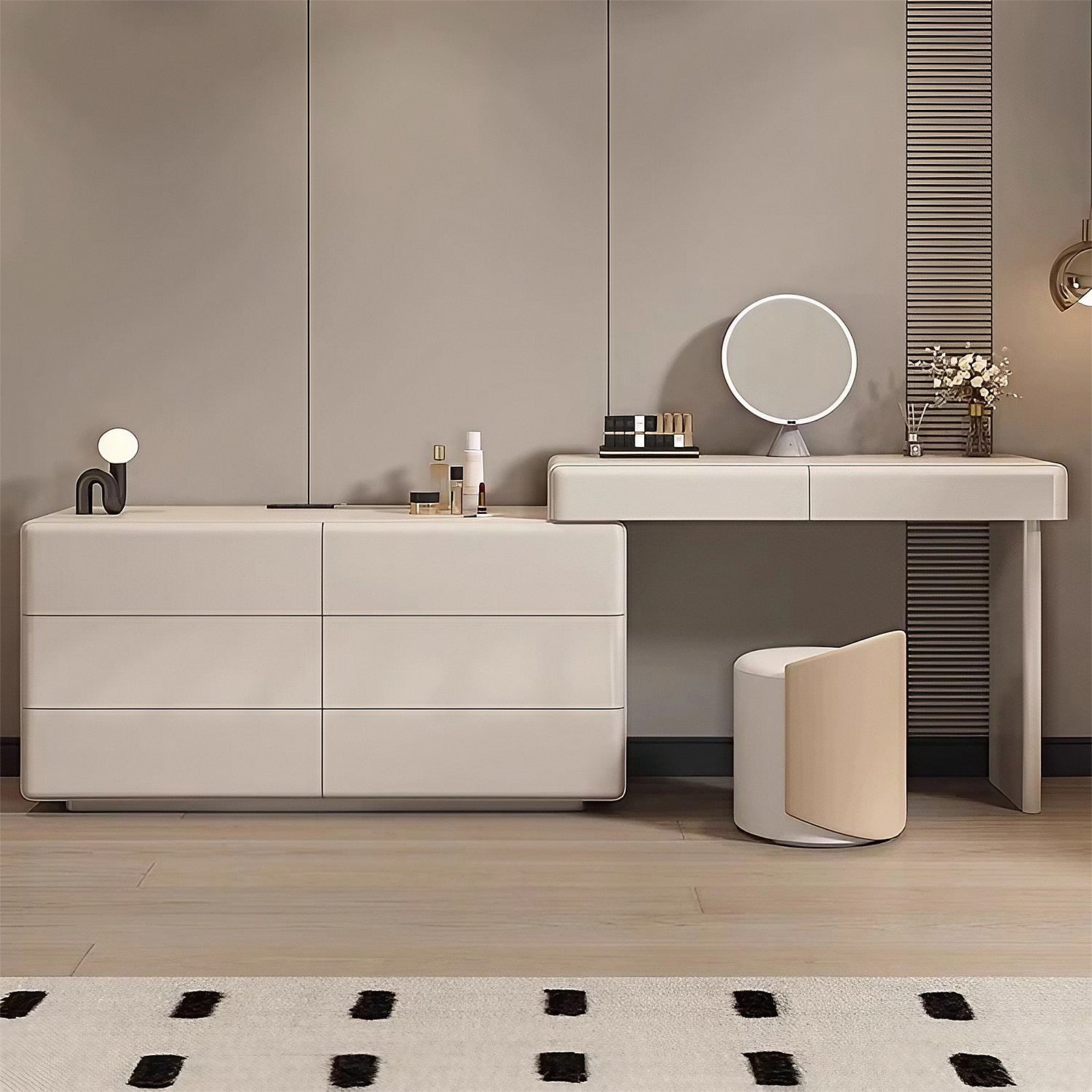 Minimalist Beige Makeup Vanity with Sleek Storage and Modern Design