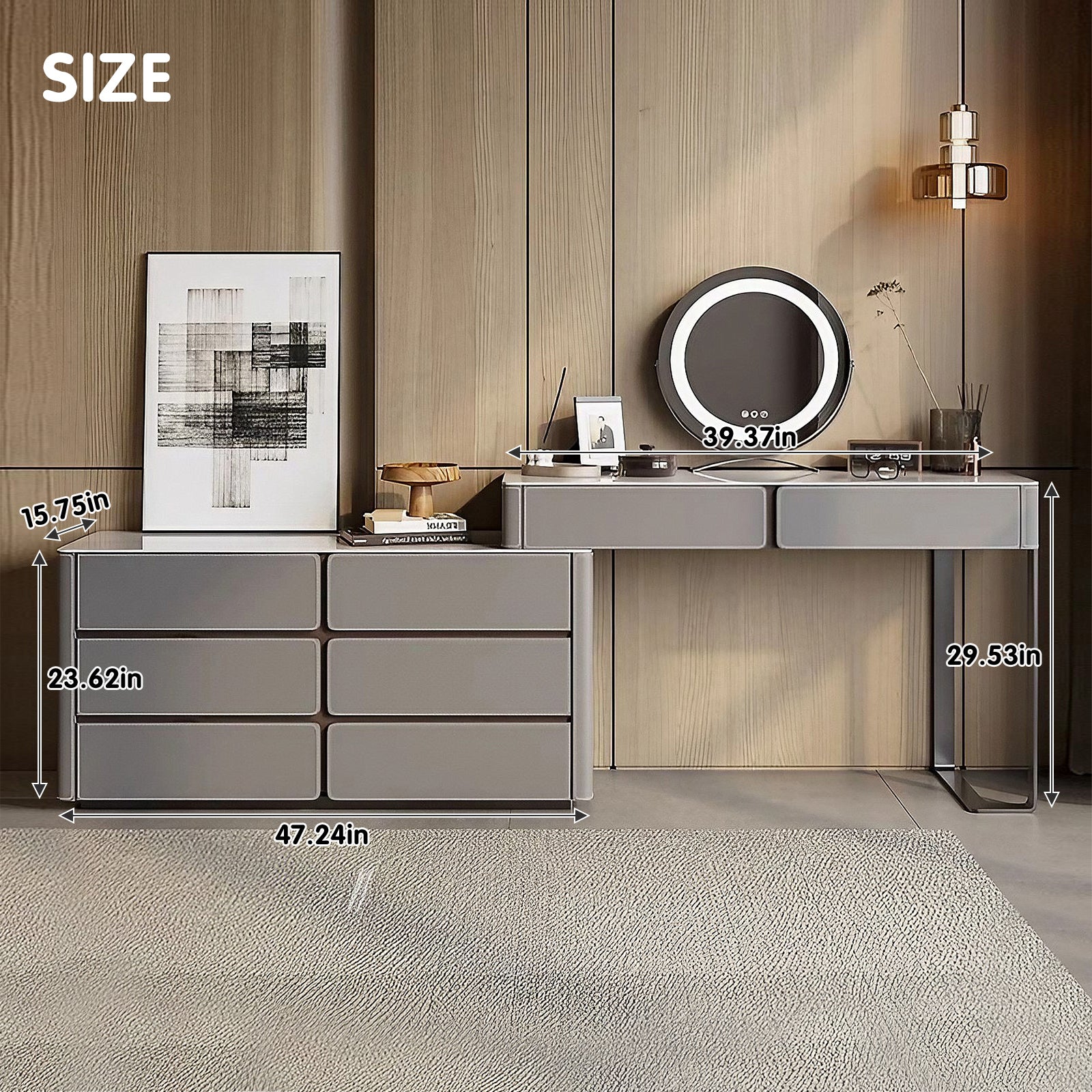 Grey Solid Wood Extendable Makeup Vanity with Glossy Slate Top and Ample Storage