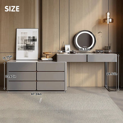 Grey Solid Wood Extendable Makeup Vanity with Glossy Slate Top and Ample Storage