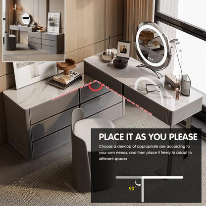 Grey Solid Wood Extendable Makeup Vanity with Glossy Slate Top and Ample Storage