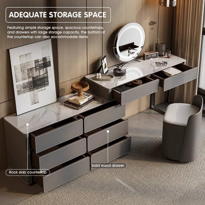Grey Solid Wood Extendable Makeup Vanity with Glossy Slate Top and Ample Storage