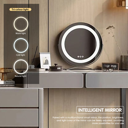 Grey Solid Wood Extendable Makeup Vanity with Glossy Slate Top and Ample Storage
