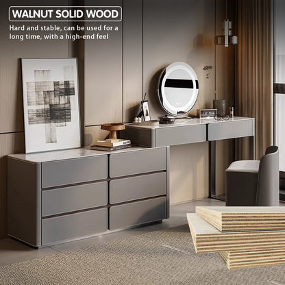 Grey Solid Wood Extendable Makeup Vanity with Glossy Slate Top and Ample Storage