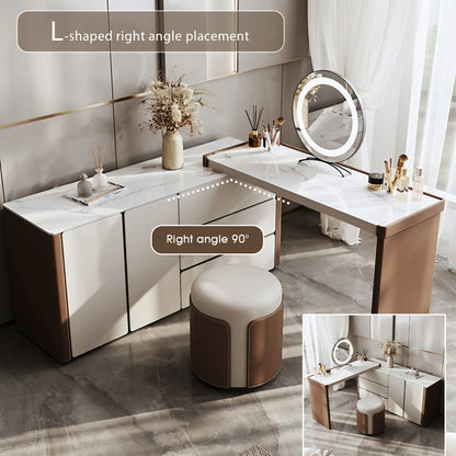 Elegant Beige Makeup Vanity with Extendable Design and LED Mirror