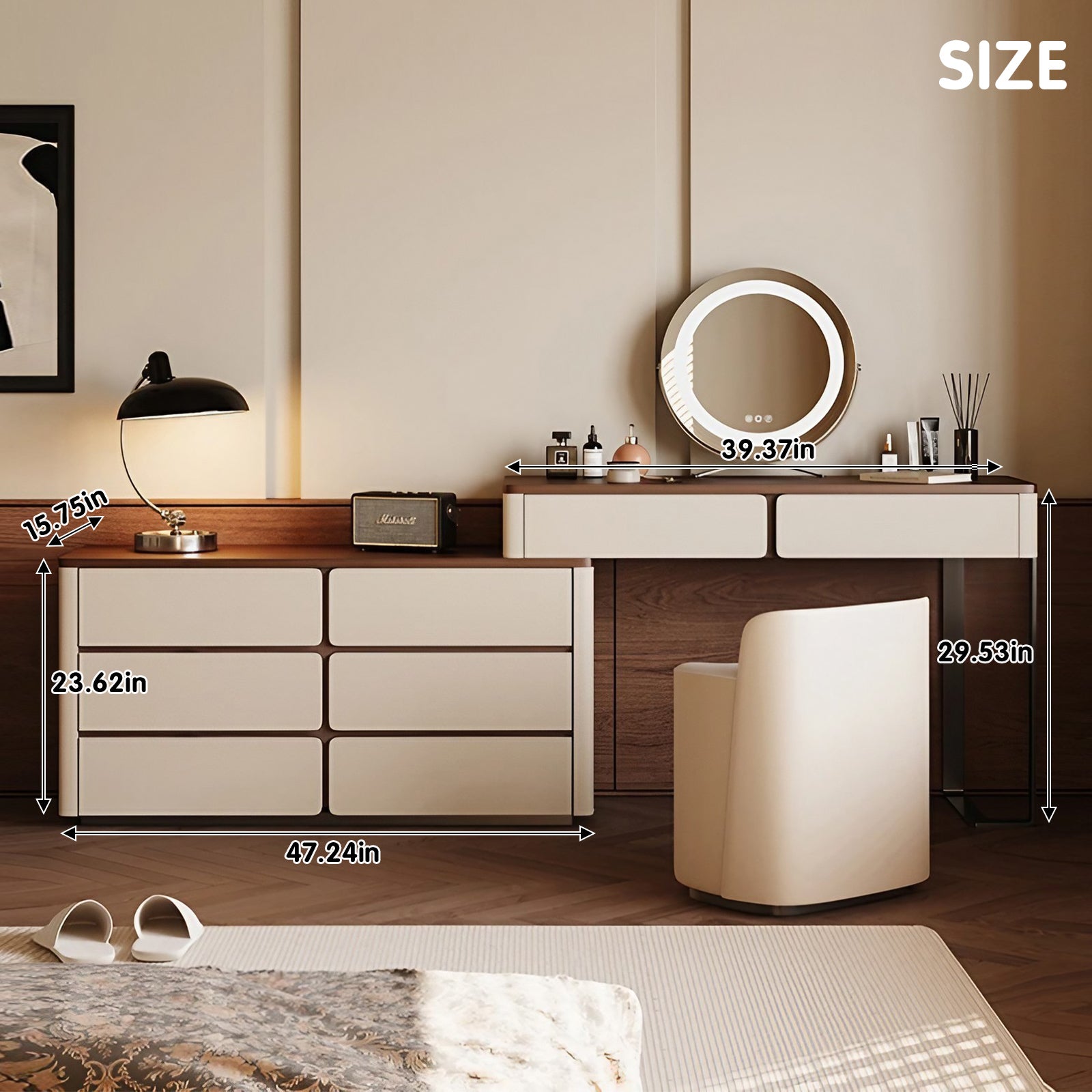 Retro-Inspired Light Luxury Makeup Vanity with Walnut Wood Surface & LED Mirror