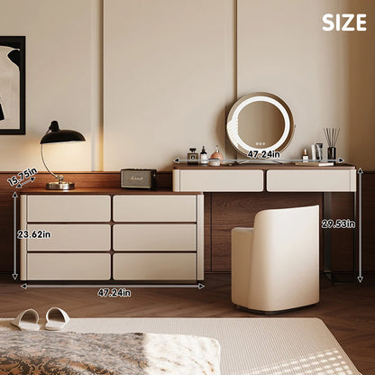 Retro-Inspired Light Luxury Makeup Vanity with Walnut Wood Surface & LED Mirror