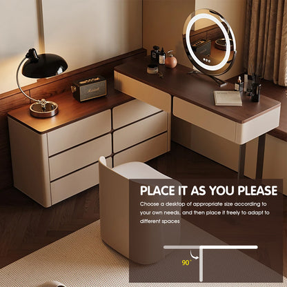 Retro-Inspired Light Luxury Makeup Vanity with Walnut Wood Surface & LED Mirror