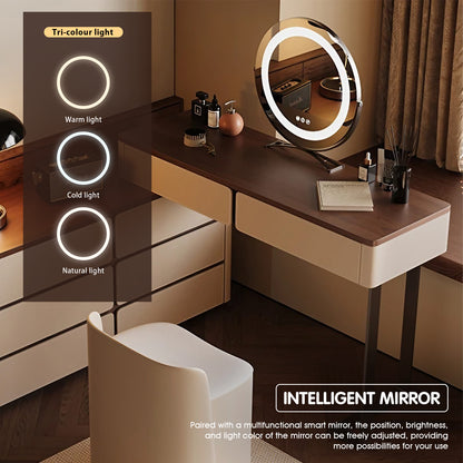 Retro-Inspired Light Luxury Makeup Vanity with Walnut Wood Surface & LED Mirror