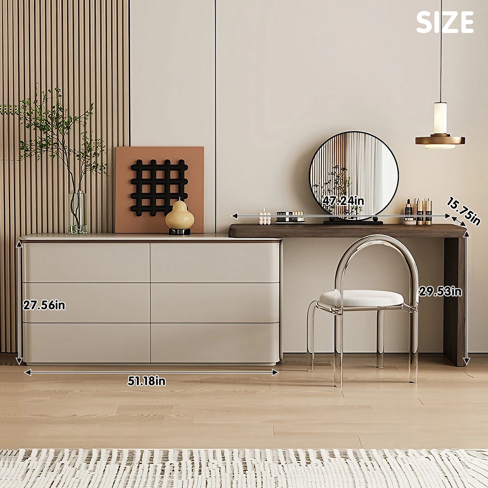 L-Shaped Makeup Vanity with Walnut Wood Veneer & Eco-Friendly Finish