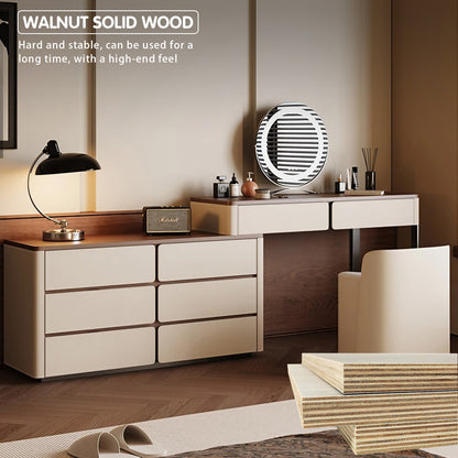 L-Shaped Makeup Vanity with Walnut Wood Veneer & Eco-Friendly Finish
