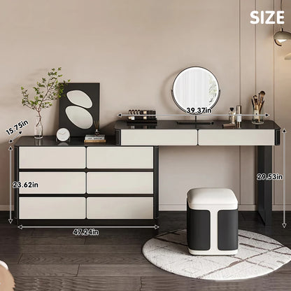 Minimalist White and Black Solid Wood Makeup Vanity with Saddle Leather Surface