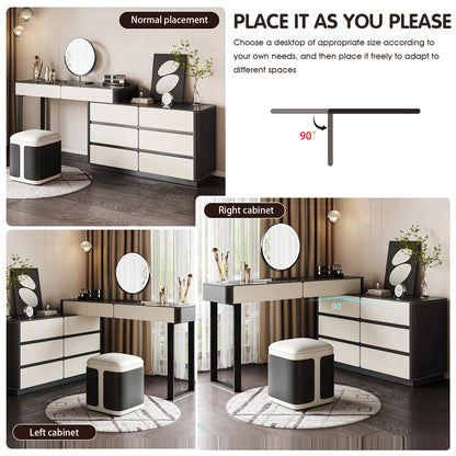 Minimalist White and Black Solid Wood Makeup Vanity with Saddle Leather Surface