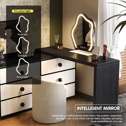 Minimalist White and Black Solid Wood Makeup Vanity with Saddle Leather Surface