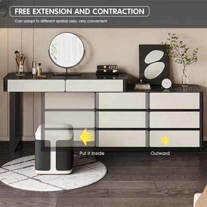 Minimalist White and Black Solid Wood Makeup Vanity with Saddle Leather Surface