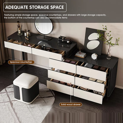 Minimalist White and Black Solid Wood Makeup Vanity with Saddle Leather Surface