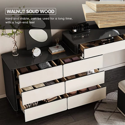 Minimalist White and Black Solid Wood Makeup Vanity with Saddle Leather Surface