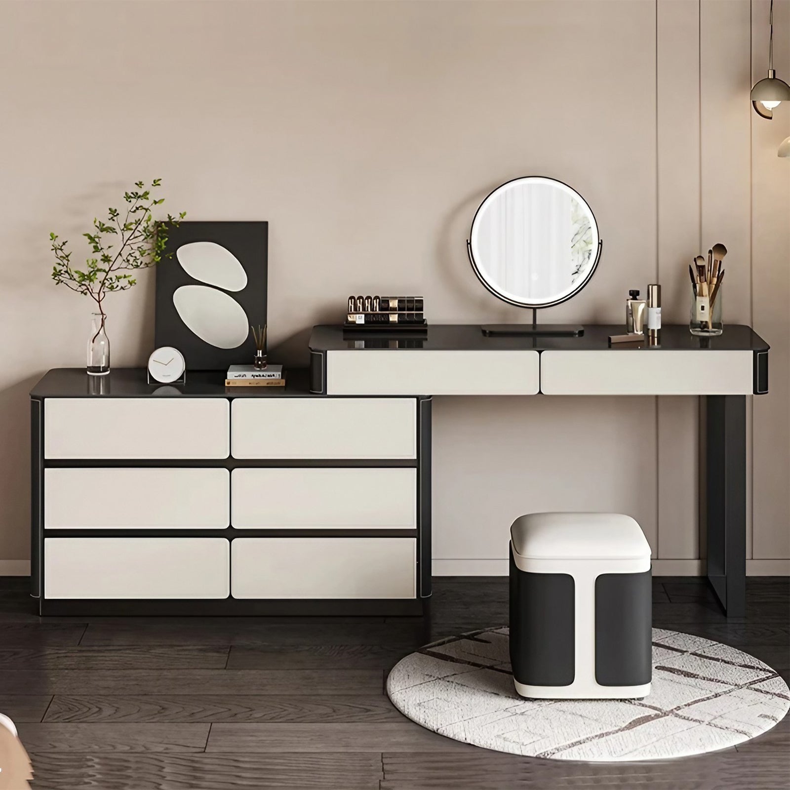 Minimalist White and Black Solid Wood Makeup Vanity with Saddle Leather Surface