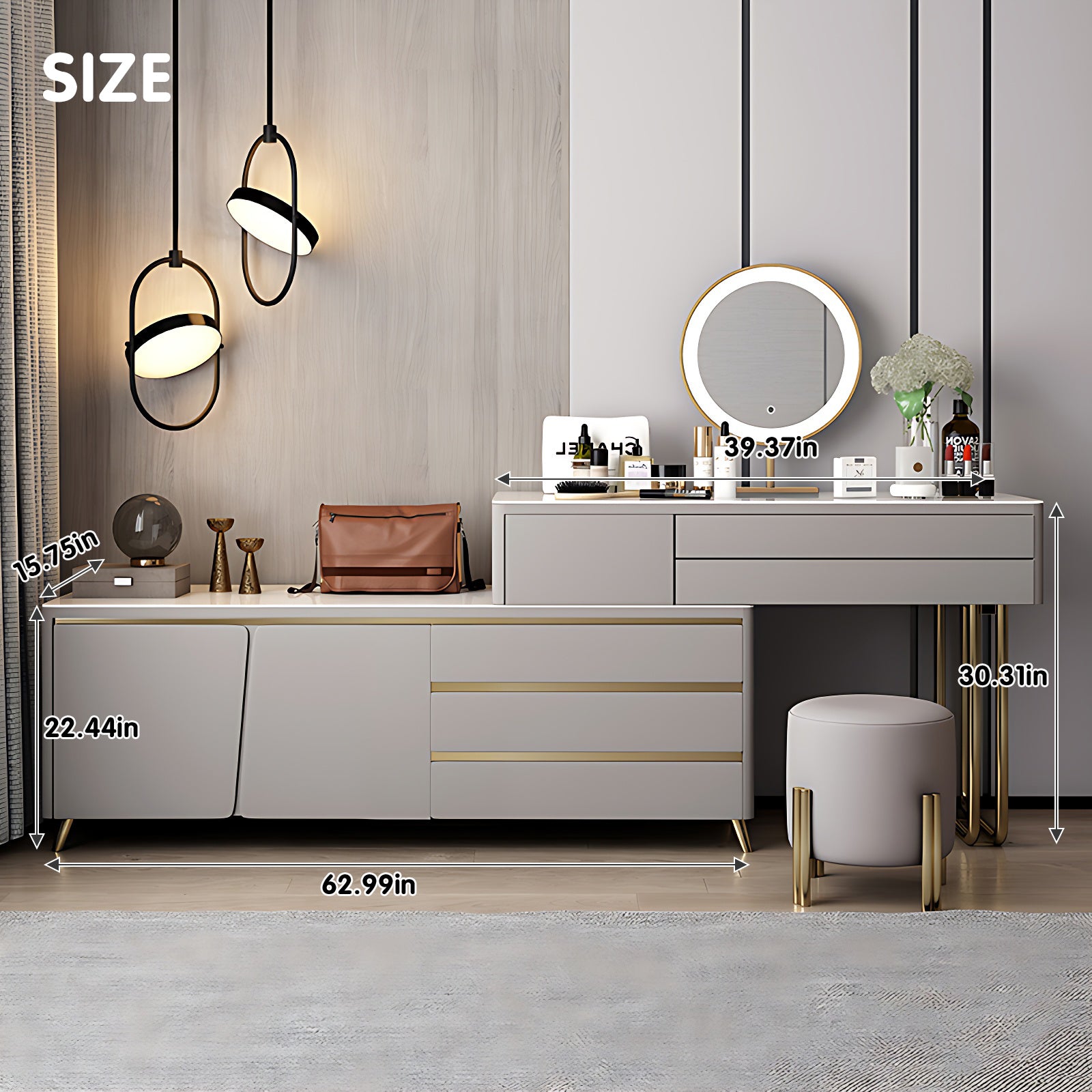 Elegant Light Gray Makeup Vanity with Gold Accents and Round LED Mirror