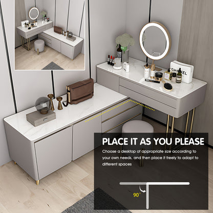 Elegant Light Gray Makeup Vanity with Gold Accents and Round LED Mirror