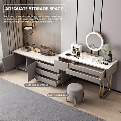 Elegant Light Gray Makeup Vanity with Gold Accents and Round LED Mirror