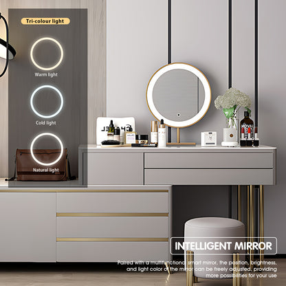 Elegant Light Gray Makeup Vanity with Gold Accents and Round LED Mirror