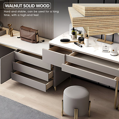 Elegant Light Gray Makeup Vanity with Gold Accents and Round LED Mirror