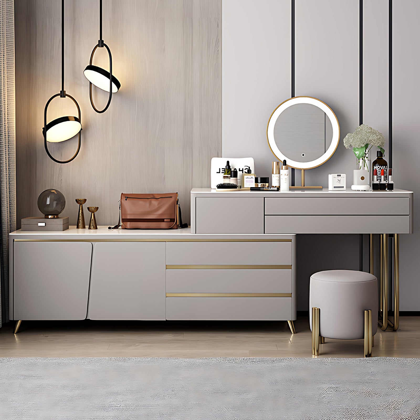 Elegant Light Gray Makeup Vanity with Gold Accents and Round LED Mirror