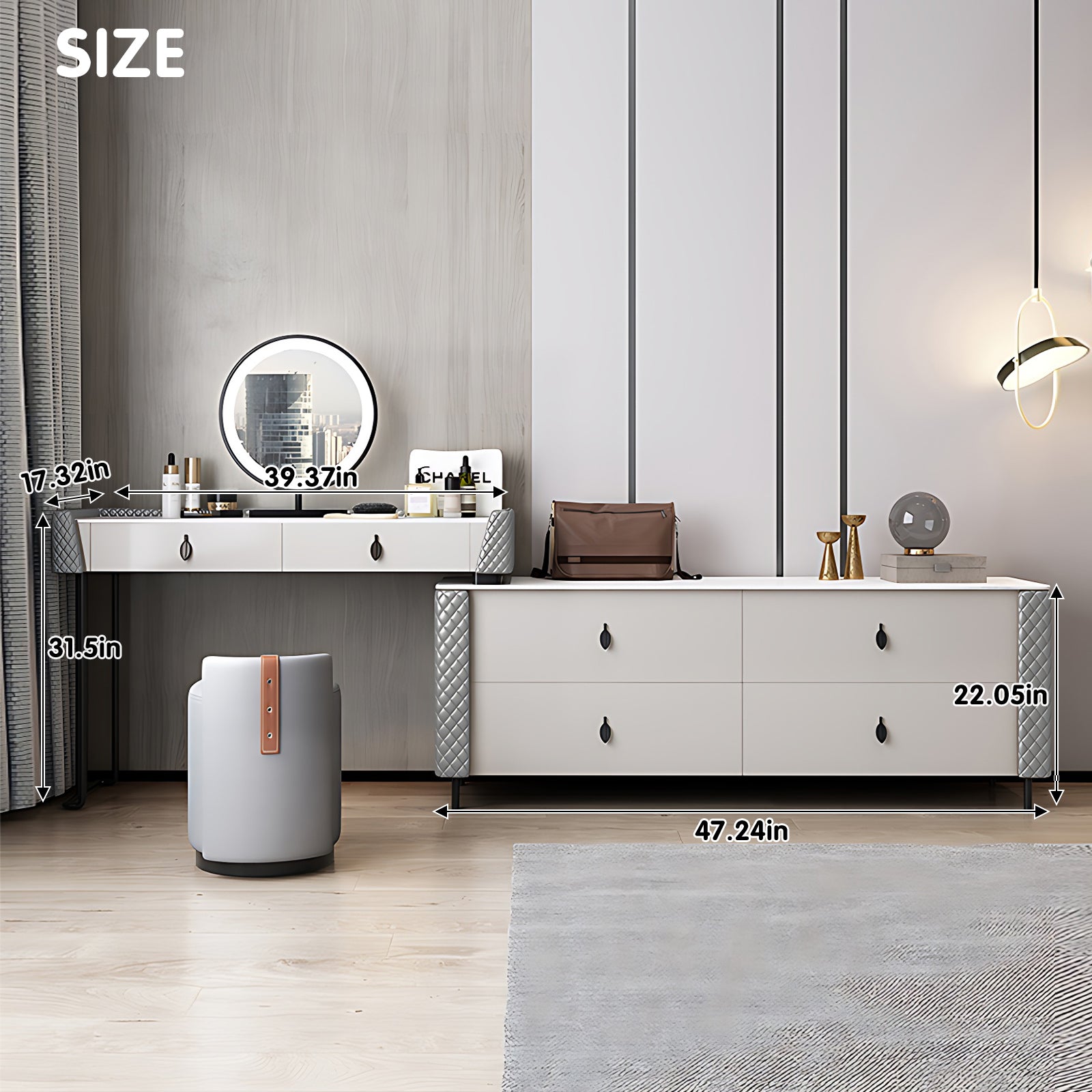 Light Gray Expandable Makeup Vanity with 6 Drawers & LED Mirror
