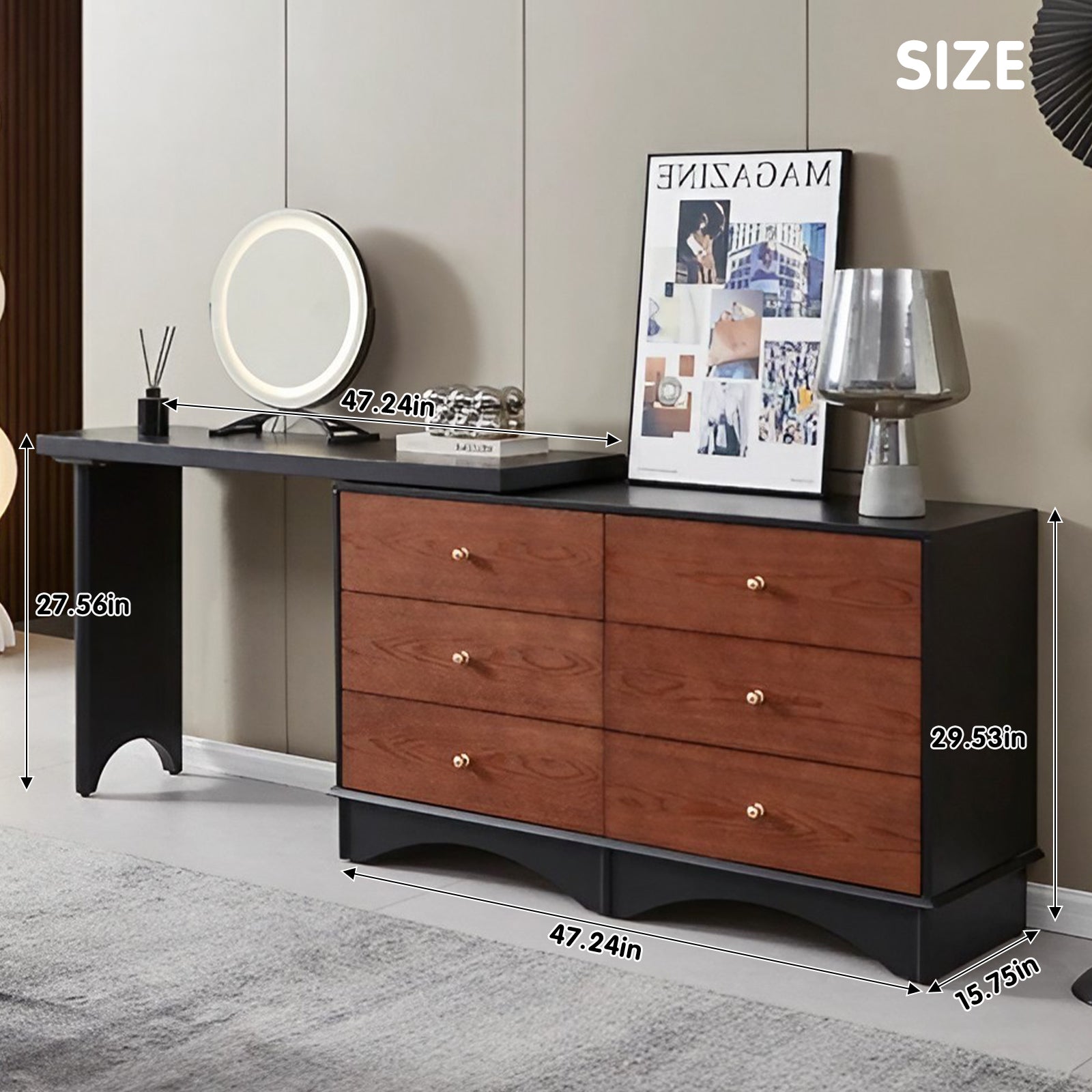 Modern Black and Walnut Makeup Vanity with 6 Drawers & LED Mirror