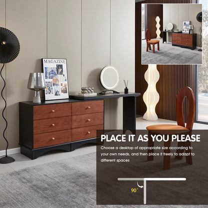 Modern Black and Walnut Makeup Vanity with 6 Drawers & LED Mirror