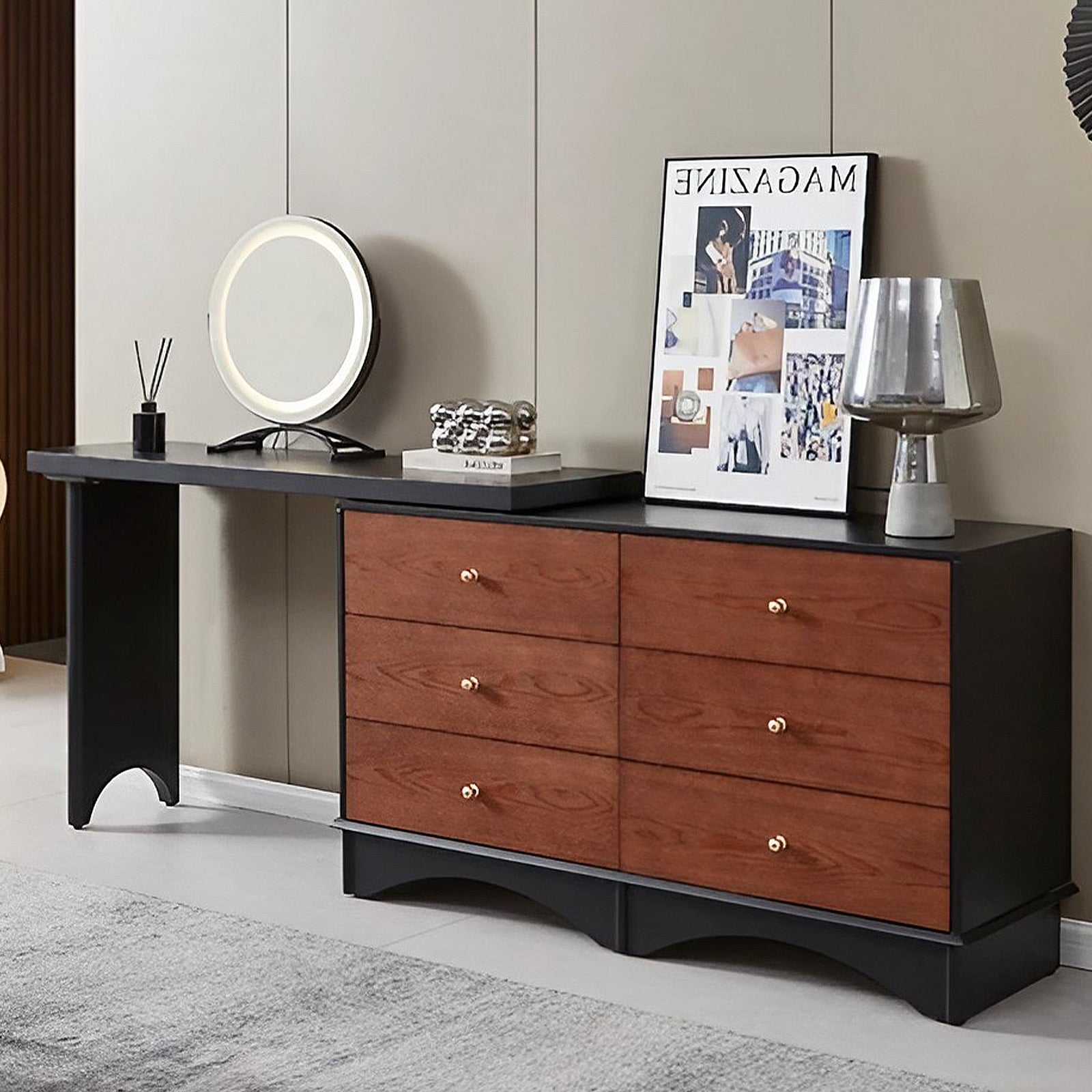 Modern Black and Walnut Makeup Vanity with 6 Drawers & LED Mirror