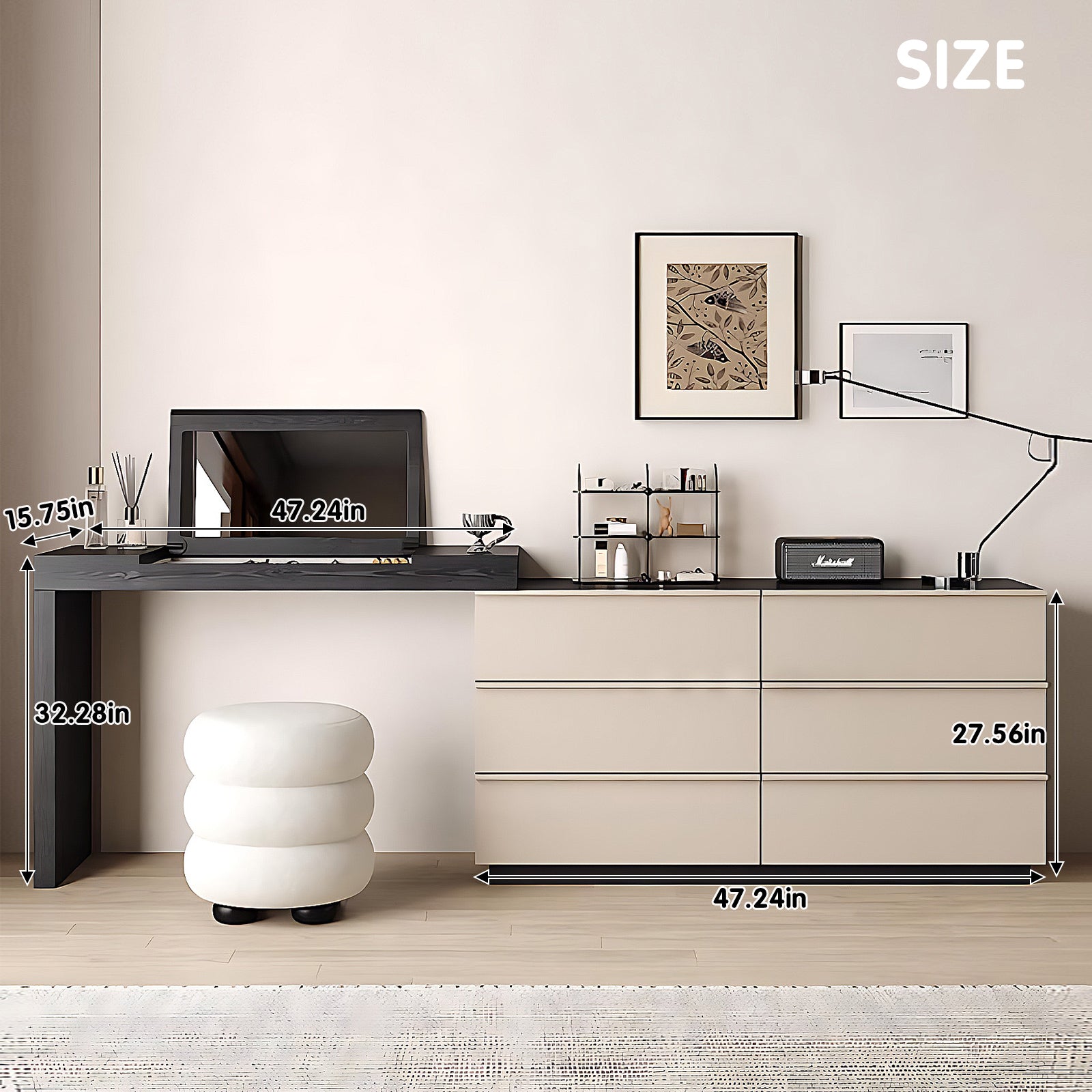 6 Drawers Modern Black & Beige Makeup Vanity with Expandable Design