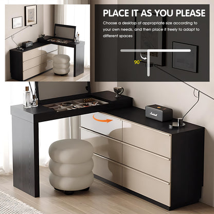 6 Drawers Modern Black & Beige Makeup Vanity with Expandable Design