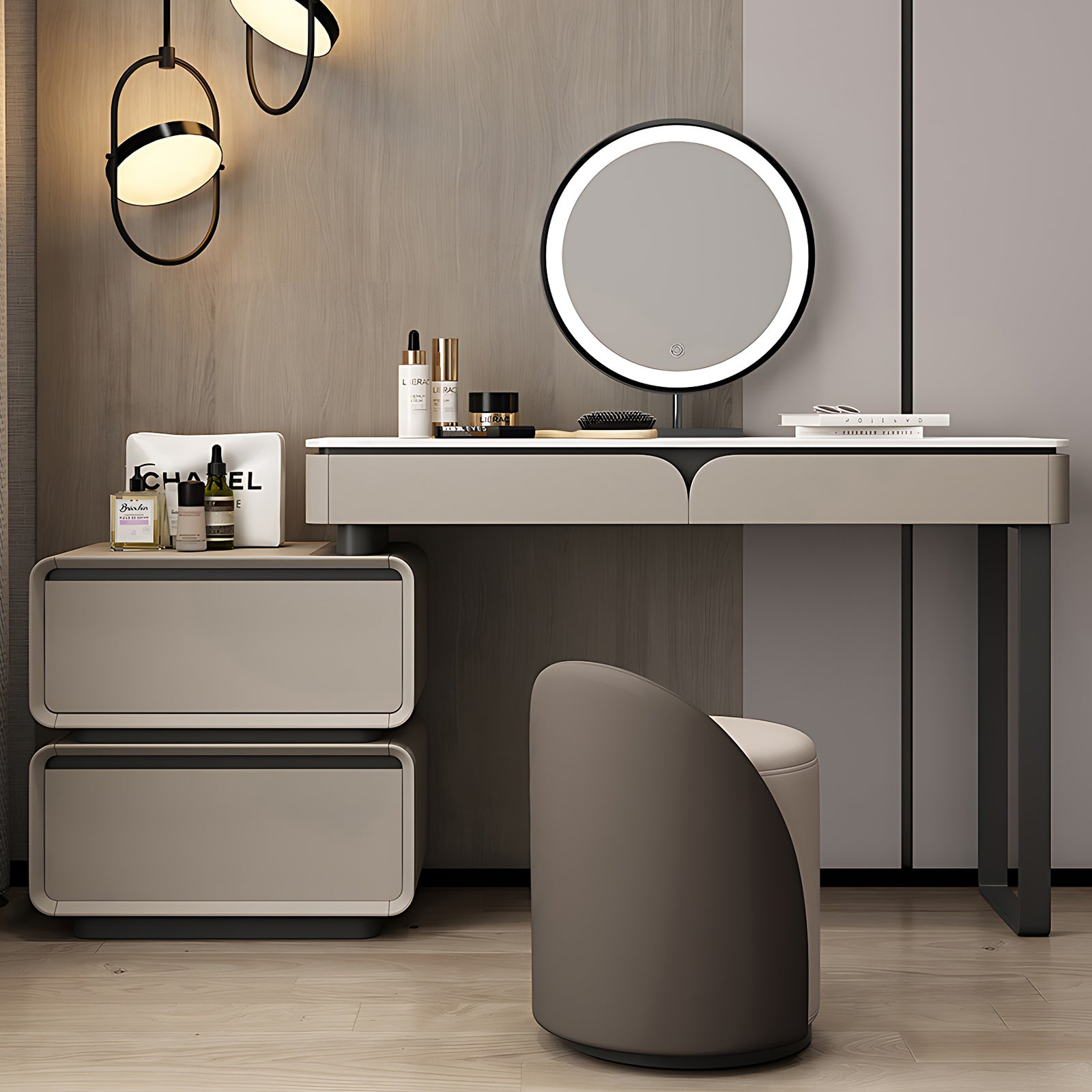 Elegant Light Gray Makeup Vanity with LED Mirror & Flexible Storage