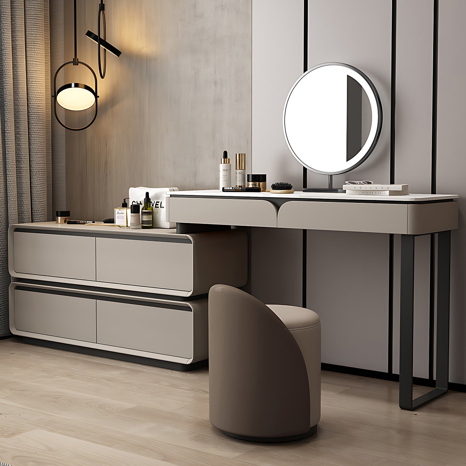 Elegant Light Gray Makeup Vanity with LED Mirror & Flexible Storage