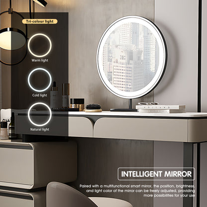 Elegant Light Gray Makeup Vanity with LED Mirror & Flexible Storage