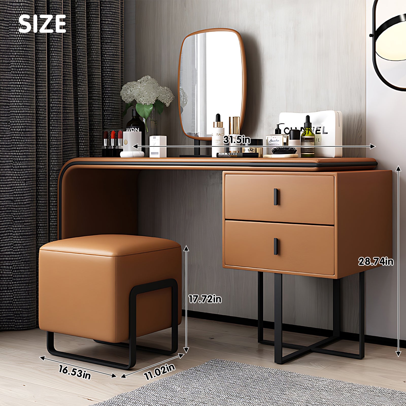 Stylish Solid Wood Makeup Vanity with LED Mirror and Leather Stool