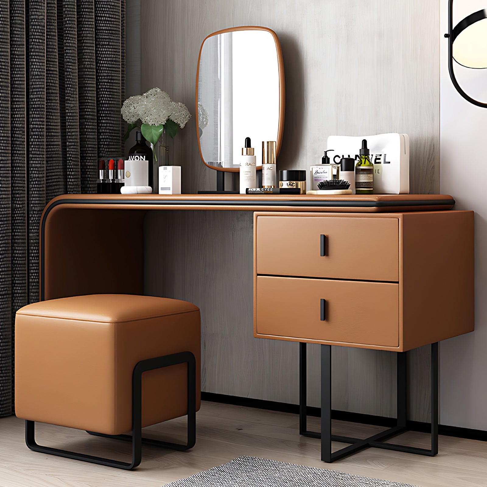 Stylish Solid Wood Makeup Vanity with LED Mirror and Leather Stool