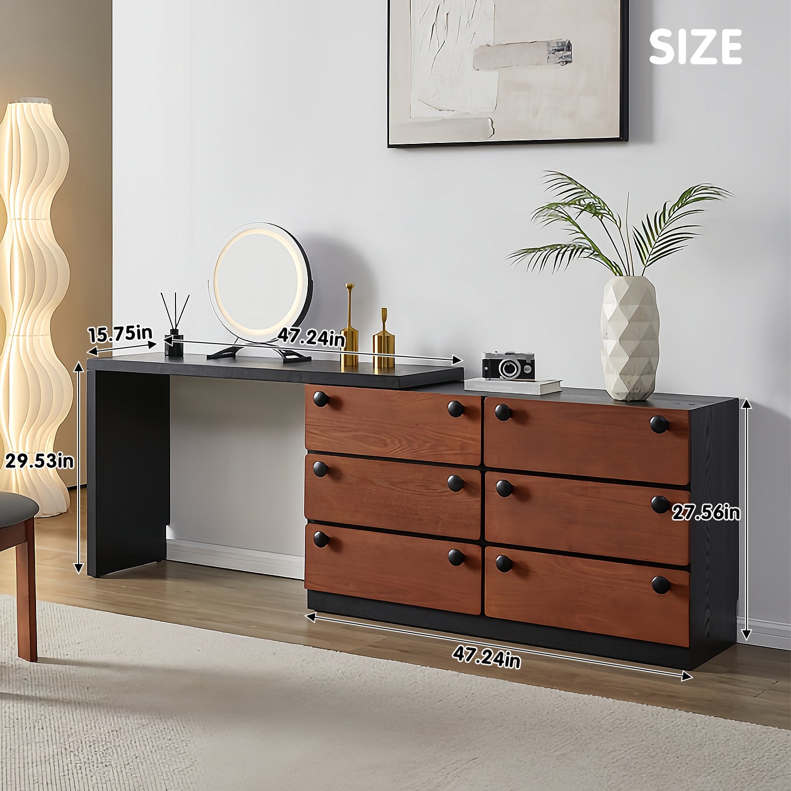 Modern Minimalist Walnut Makeup Vanity Set with LED Smart Mirror & Matchable Stool