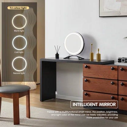 Modern Minimalist Walnut Makeup Vanity Set with LED Smart Mirror & Matchable Stool