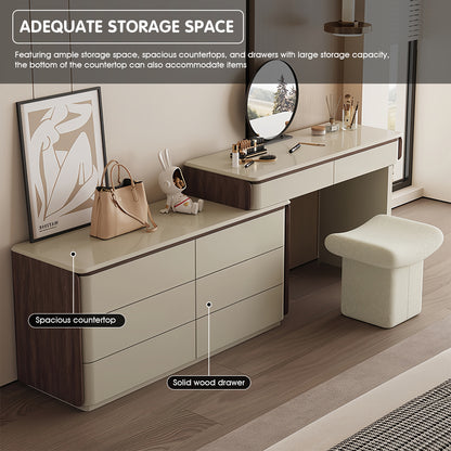 Creamy Modern Makeup Vanity Set with Foldable Design & Cozy Stool