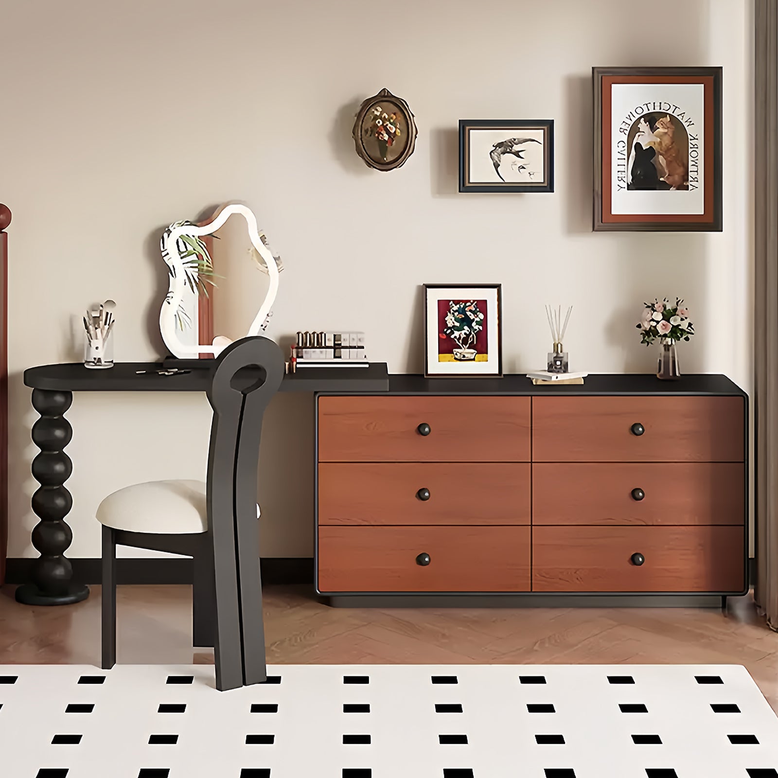 6 Drawers Modern Makeup Vanity Set with Black Accents
