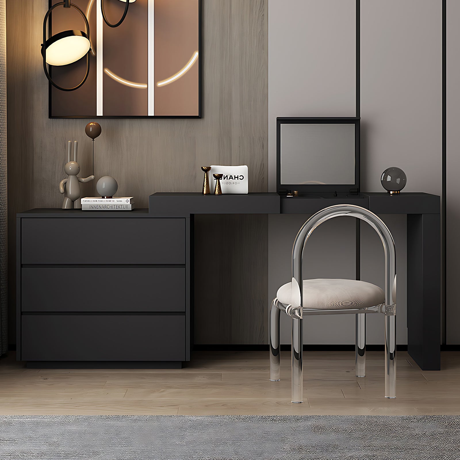 black six drawer dresser Modern Black 6-Drawer Dresser with Embedded Mirror 51IN / 59IN