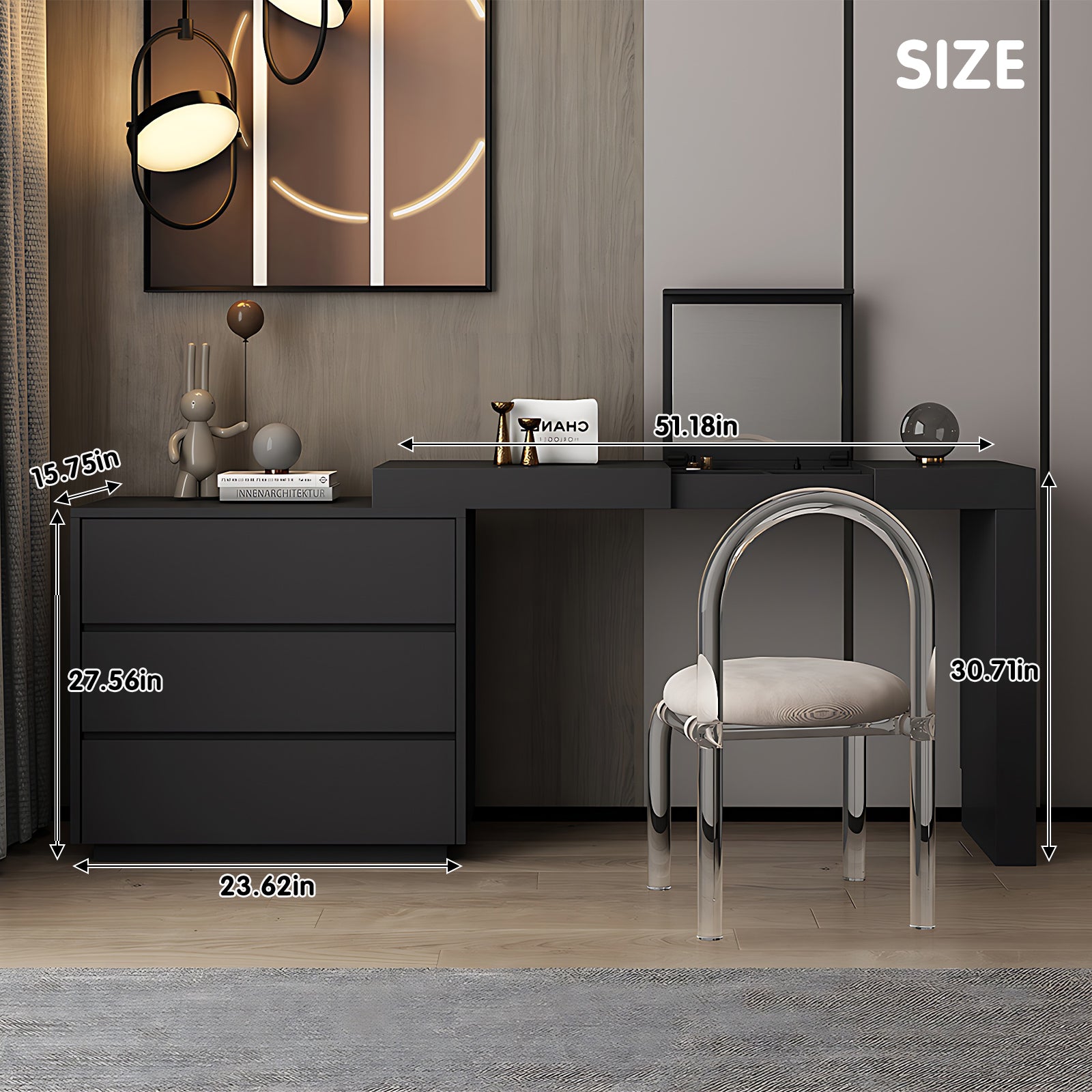 Modern Black 6-Drawer Dresser with Embedded Mirror High QLO Modern Black 6-Drawer Dresser with Embedded Mirror High QLO