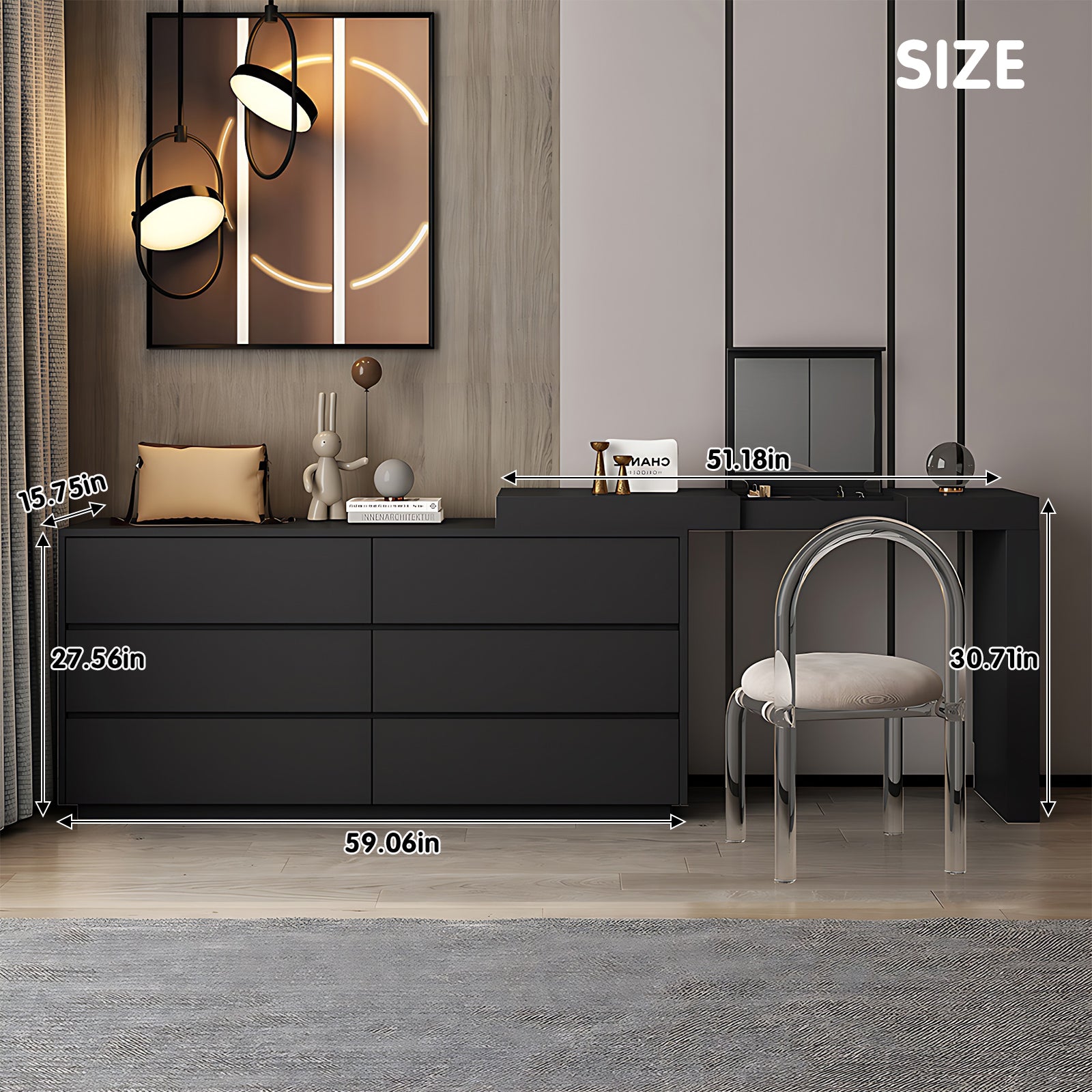 Modern Black 6-Drawer Dresser with Embedded Mirror 51IN / 59IN