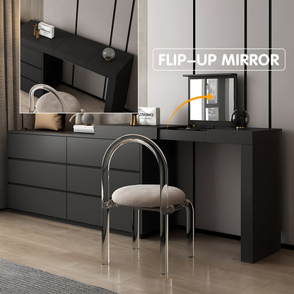 Modern Black 6-Drawer Makeup Vanity Set with Embedded Mirror